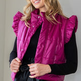 Magenta Puffer Vest with Shoulder Ruffle Detail