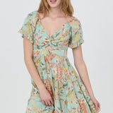 Aqua Boho Floral Twist Front Dress