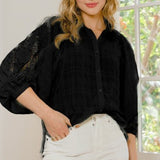 Black Woven Shirt with Lace Sleeve Detail