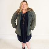 Navy L/S Pleated Dress with Side Pockets