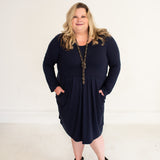 Navy L/S Pleated Dress with Side Pockets