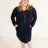 Navy L/S Pleated Dress with Side Pockets