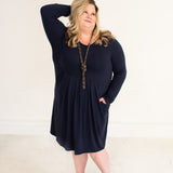 Navy L/S Pleated Dress with Side Pockets