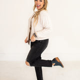 Distressed Black Stretch Mom Jean