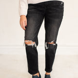 Distressed Black Stretch Mom Jean