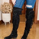 Black Suede Over the Knee Fringe Boot