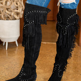 Black Suede Over the Knee Fringe Boot