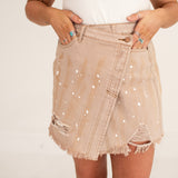 Cross Front Distressed Mauve Denim Skirt