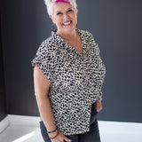 Off White Animal Print Collared Top with Front Pocket