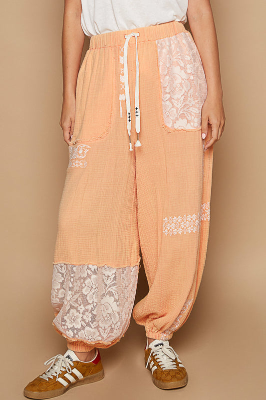 Peach Sorbet Double Linen Gauze Crochet Detail Jogger