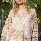 Beige Open Weave Peace Stripe Pullover