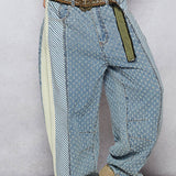 Denim Eyelet +Stripe Mix Twill Wide Leg Pant