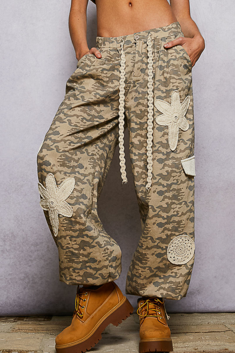 Beige Camo Crochet Patchwork Pant
