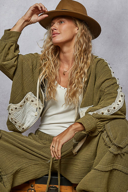 Olive Slouchy Jacket with Crochet Trim