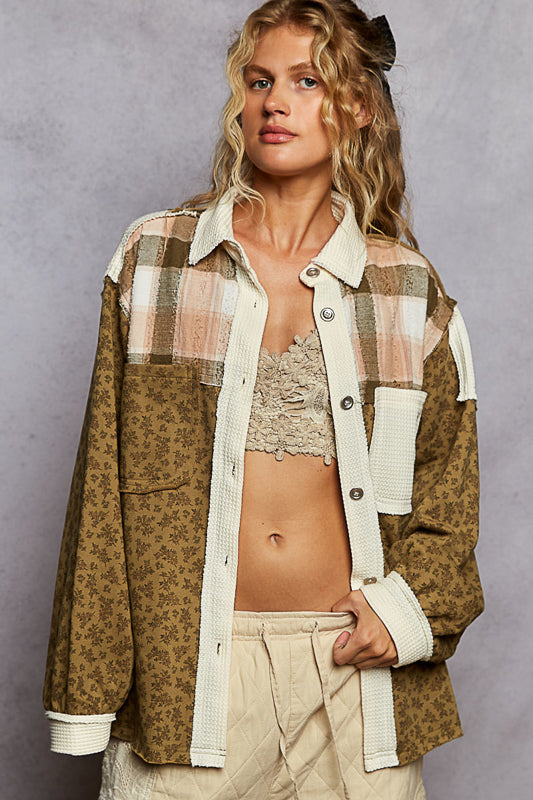 Olive Brown Plaid Floral Mix Shacket