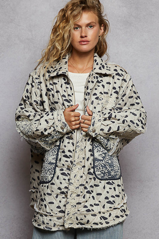 Oatmeal + Navy Posh Leo Quilted Lace Accent Jacket