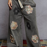 Black Flower Patch Wide Leg Roll Up Pant