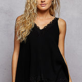 Black Rib Flowy Tank with Lace Contrast