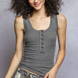 Micro Rib Button Detail Lace Trim Tank