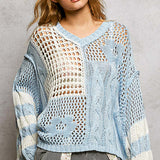 Sky Blue Cable Knit + Crochet Floral Pullover