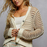 Open Weave Crochet Cardigan with Flower Button