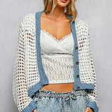 Open Weave Crochet Cardigan with Flower Button