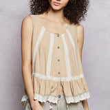 Wheat Crochet Accent Flutter Hem Tank