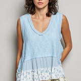 Powder Blue Mix Fabric Flutter Tank