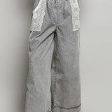 Washed Grey Crochet Pocket Wide Leg Pant