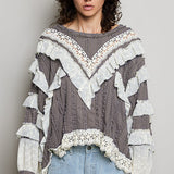 Gray Eyelet Lace Boho Dolman Blouse