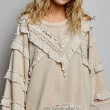Beige Eyelet Lace Flutter Accent Blouse