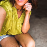 Chartreuse Satin V Neck Woven Top