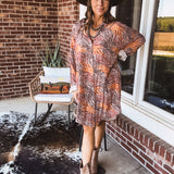 Orange Tan Animal Print Button Up Shirt Dress