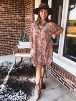 Orange Tan Animal Print Button Up Shirt Dress