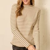 Mini Stripe Flutter Hem Mock Neck Long Sleeve