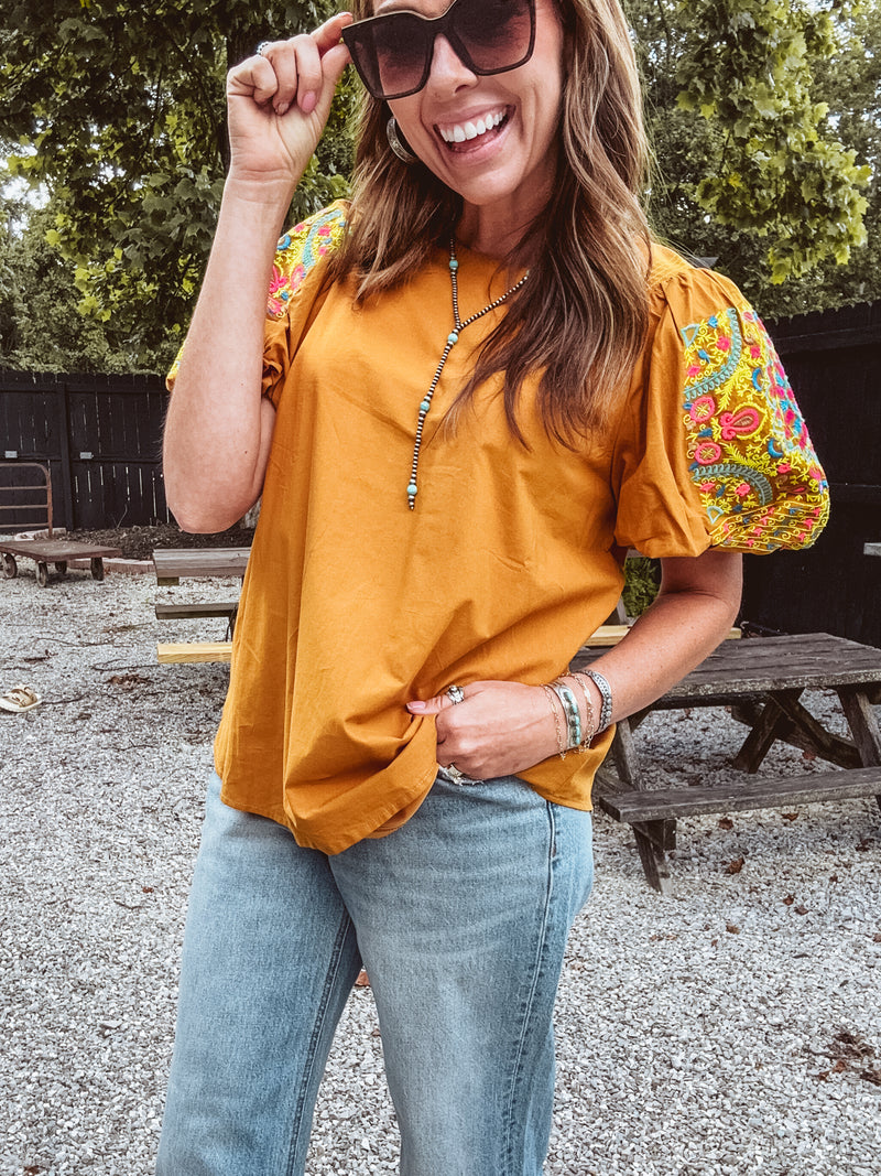 Caramel Balloon Sleeve Embroidered Top