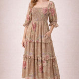 Taupe Floral Garden Chiffon Maxi