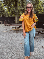 Caramel Balloon Sleeve Embroidered Top