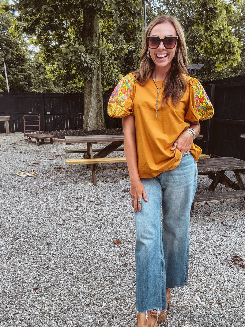 Caramel Balloon Sleeve Embroidered Top