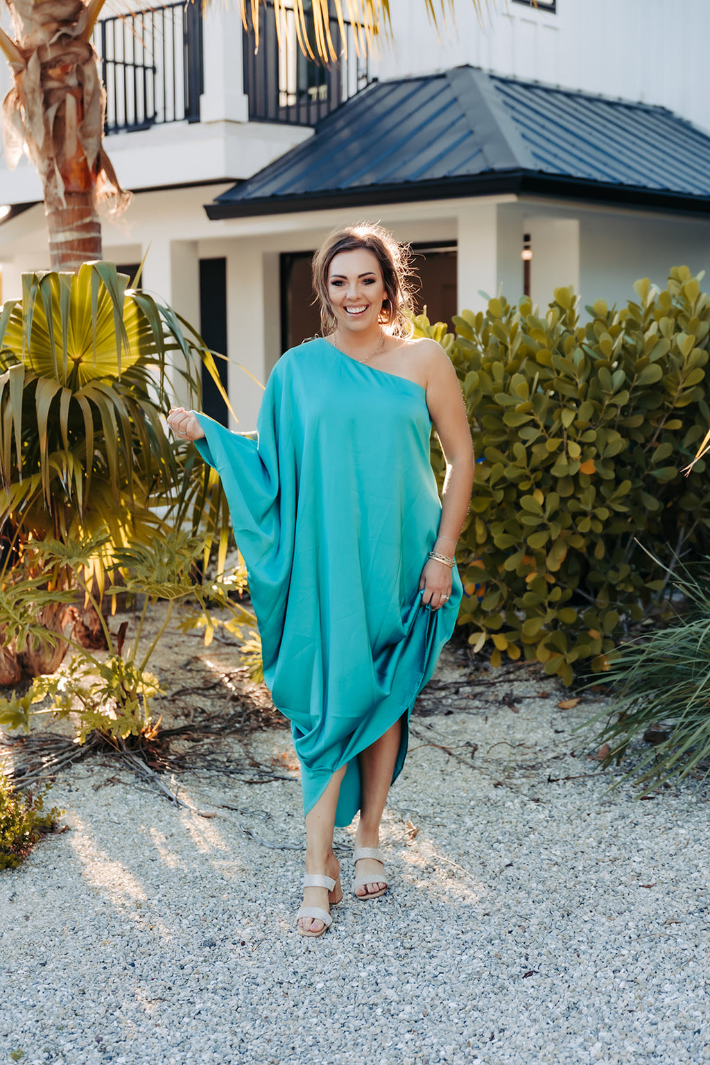 Teal Satin Drape One Shoulder Maxi