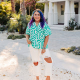 Green + White Geo Pattern Button Front Blouse