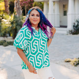 Green + White Geo Pattern Button Front Blouse