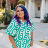Green + White Geo Pattern Button Front Blouse