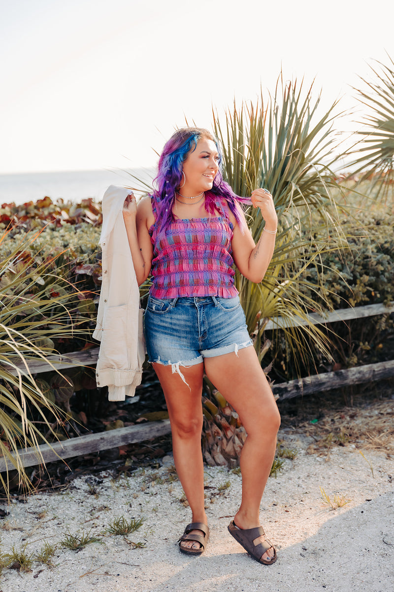Magenta Multi Plaid Smocked Square Crop Tank