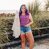 Magenta Multi Plaid Smocked Square Crop Tank