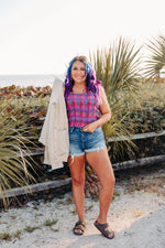 Magenta Multi Plaid Smocked Square Crop Tank