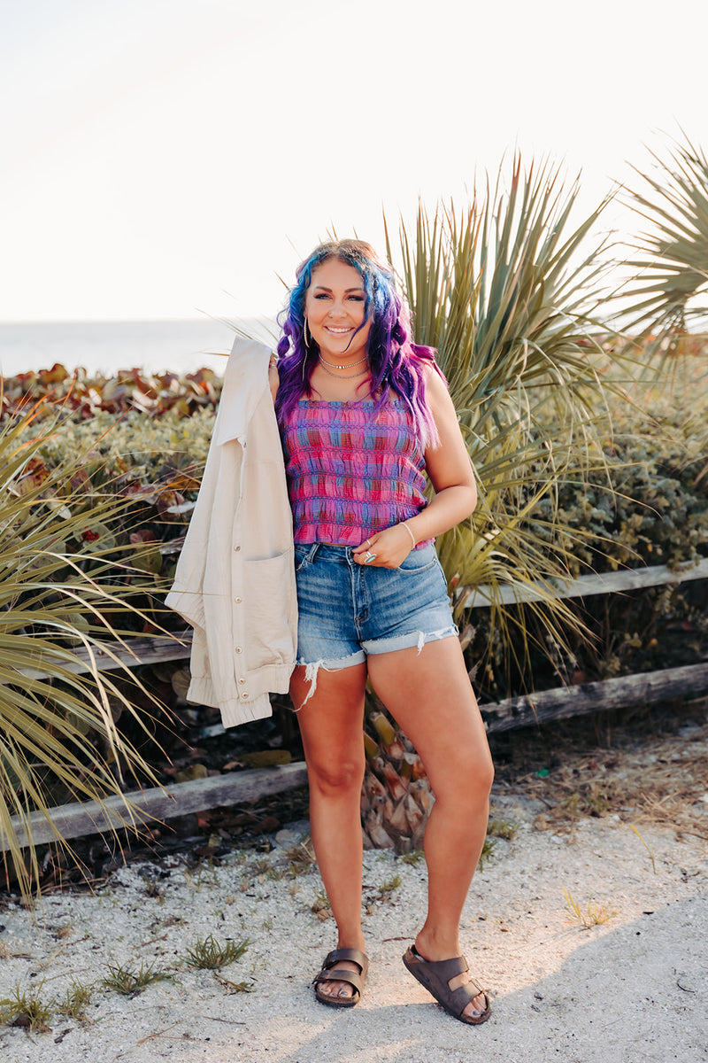 Magenta Multi Plaid Smocked Square Crop Tank
