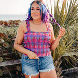 Magenta Multi Plaid Smocked Square Crop Tank