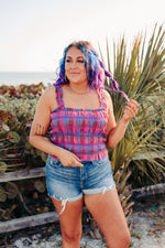 Magenta Multi Plaid Smocked Square Crop Tank