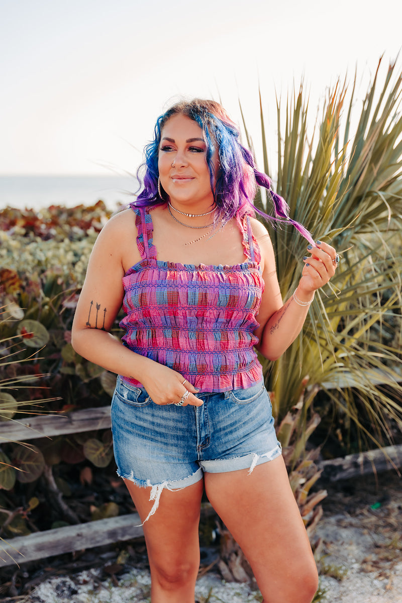 Magenta Multi Plaid Smocked Square Crop Tank